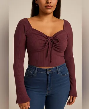 NWOT LUSH WOMEN'S PLUM LONG SLEEVE CINCH FRONT KNIT TOP Cropped M thumbnail 1
