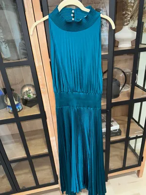 ALC Frank Renzo maxi dress Sleeveless Smocked Pleated teal satin high neck wedding thumbnail 5