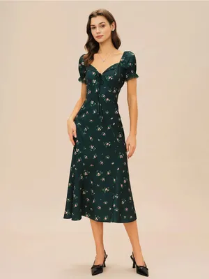 Rihoas Green Puffed Sleeve Floral Midi Dress thumbnail 4