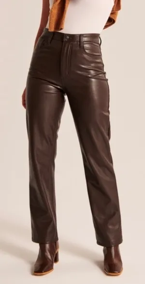 NEW Abercrombie 90s Straight Ultra High Rise Brown Leather Pants 34/18 Long thumbnail 1