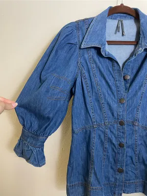 By Anthropologie Puff-Sleeve Denim Buttondown Shirt Size Small thumbnail 6