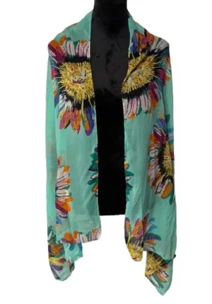 Teal Multicolor Sunflower Print Sheer Wrap One Size thumbnail 2