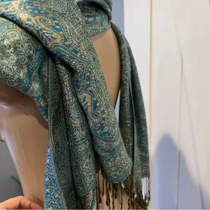 Pashmina Silk blend fringe Elegant Blue and Gold Paisley Scarf wrap shawl 70’ thumbnail 9