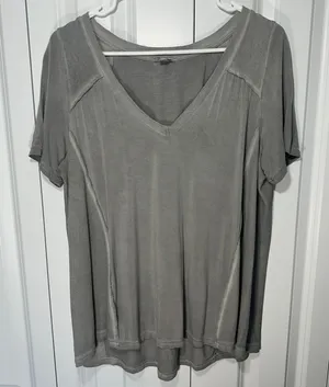 POL V-Neck Top Womens M Gray Mixed Ribbed Raw Seam Boho Earthy Flowy Neutral thumbnail 1