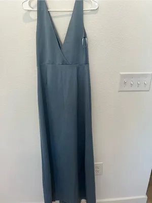 Anthropologie Bhldn Dusty Blue Piper V-Neck Side Slit Satin Gown thumbnail 9