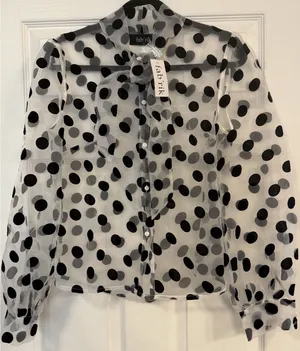 Fab’rik NWT Sheer‎ Blouse White Black Polka Dots Sz MED Tie Formal Holiday Party thumbnail 1