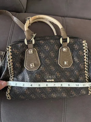 Vintage 2000s GUESS Brown &Tan Monogram Handbag/Shoulder Bag with Chain Detail thumbnail 15