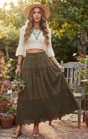 NWT Elie Tahari tiered eyelet maxi skirt in olive/army green. thumbnail 1