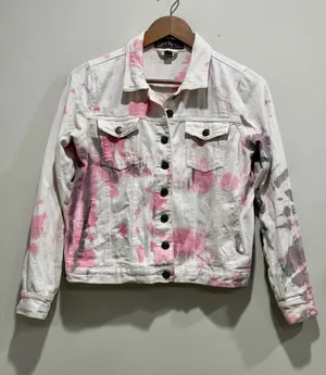 Pink Splatter Sequin Fringe Embellished Denim Jacket S Styled By Coco White thumbnail 1