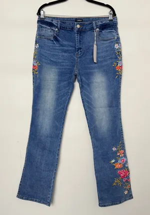 Flamingals Floral Embroidery Mid Waist High Stretch Bootcut Jeans with Pockets thumbnail 1