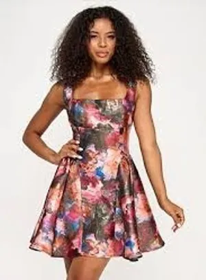 Katia Rae Womens Dress XL Multicolor Floral Metallic Bow Back Fit Flare JGB5876 thumbnail 1