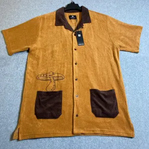 Standard‎ Issue Terry Cloth Camp Shirt Women Small Tan Mushroom Embroidered Boho thumbnail 1