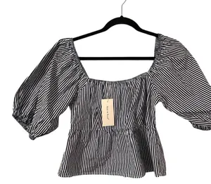 Sim & Sam‎ Navy Blue Striped Smocked Square Neck Puff Sleeve Top Blouse Preppy thumbnail 1