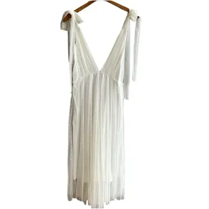 NWT One and Only Collective Tie Shoulder Mesh Tulle Dress Deep V Midi White Gown thumbnail 4