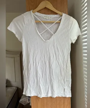 Urban Outfitters White V-Neck Tee with Crisscross Detail thumbnail 1