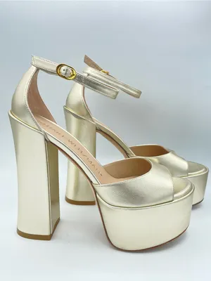 STUART WEITZMAN Skyhigh 145 Gold Metallic Leather Platform Sandals Block Heels thumbnail 4