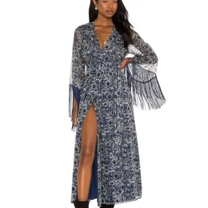 House of Harlow 1960 Blue Print Reska Fringe Sleeve Maxi Dress Sz L thumbnail 8