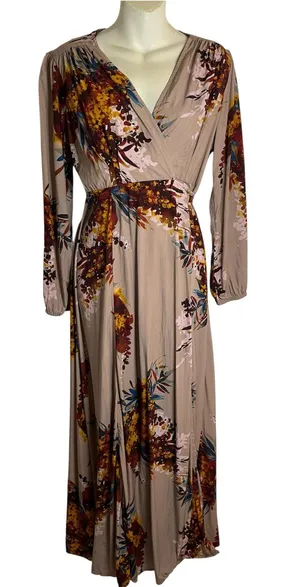 The Odells Floral Maxi Wrap Dress in Taupe with Pink & Mustard Accents Size M thumbnail 1