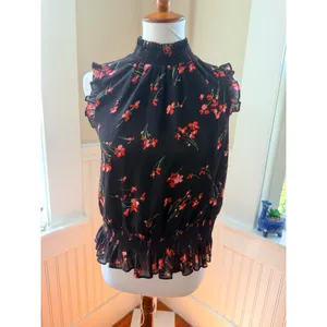 J.Crew Floral Smocked High Neck Ruffle Sleeveless Blouse Black Red Size 2 thumbnail 2