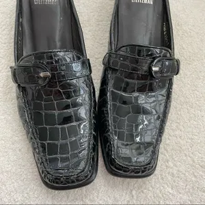 Stuart Weitzman Black Crocodile Patent Leather Block Heel Mules Shoes 8 Narrow thumbnail 4