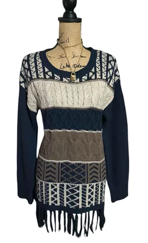 Romeo & Juliet Couture Navy, Cream & Brown Fringe Cable Knit Sweater thumbnail 1