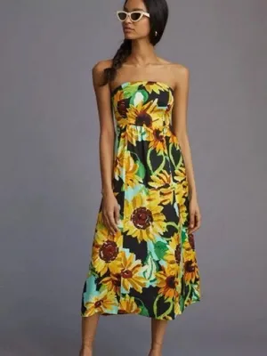 Anthropologie Maeve Sunflower Strapless Silk Rayon Midi Dress boho Cottagecore thumbnail 4