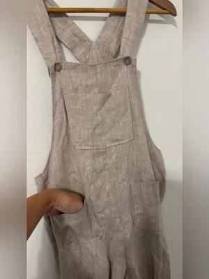 Linen Fairytales 100% Linen Oatmeal Overalls Jumpsuit XS Lantern Leg Lagenlook thumbnail 2