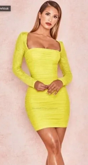 House of CB Valentina Yellow Long Sleeve Ruched Organza Mesh Mini Dress XS thumbnail 1