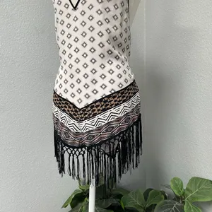 White House Black Market Geometric Halter Top Fringe Tassel White Black Brown thumbnail 3