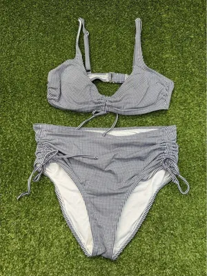Kona Sol High Waisted Bikini Set Swimsuit Blue White Gingham Plaid Tie Detail M thumbnail 1