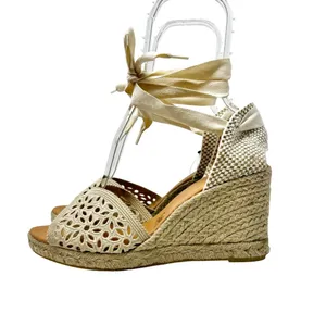 Maypol NEW Crochet Espadrille Wedge Sandals Peep Toe Ankle Wrap Cream Size 41 thumbnail 5