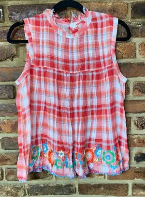 Sister Mary Red Plaid Floral Embroidered Sleeveless Top Women's Size Small thumbnail 1