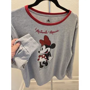 Disney Minnie Mouse Long Sleeve Ringer Shirt Womens M Grey Red Sparkle Graphic thumbnail 5