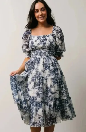 Baltic Born Hazel Eyelet Midi Dress in Navy Blue White XS thumbnail 1