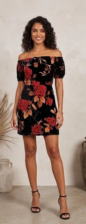 Moon River Velvet Floral Dress L Whimsigoth Rose Off Shoulder Jacquard Mini thumbnail 1