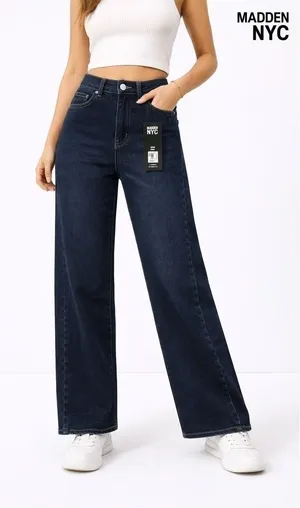 NWT Madden NYC Wide Leg Jeans S 4-6 Blue Denim High Rise Elastic Waist Pants‎ thumbnail 1