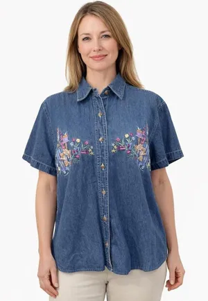 Floral Cat Embroidered Denim Shirt Small Jean Short Sleeve Boho Cottagecore thumbnail 1