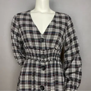 Zara Plaid Dress Shirred Smocked Long Sleeve V-Neck‎ Midi Women Size Medium thumbnail 4
