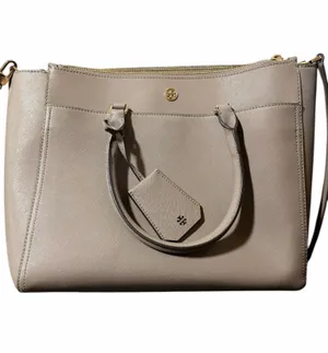 Tory Burch Taupe Gray Structured Tote Bag | Gold Hardware| Large Purse thumbnail 1