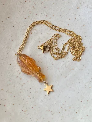 Handmade quality Czech glass amber fish & star boho funky fairy necklace🌀🐟💚 thumbnail 7