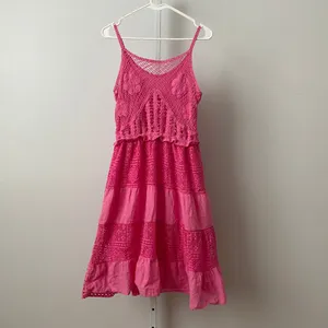 Fairy Cotton Boho Beachy Crochet‎ Eyelet Tiered Midi Dress Pink thumbnail 5