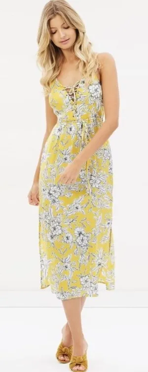 Bardot Floral Midi Dress Womens‎ 8/M Yellow Lace Up Boho Summer Tropical V-Neck thumbnail 1