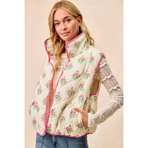 BiBi Floral Print Piping Detail Quilted Vest - Cream/Pink - Medium thumbnail 4
