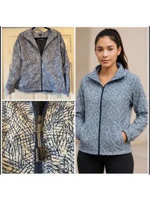 Hannah Windbreaker Jacket Size L Blue White Geometric Print Mesh Lined Packable thumbnail 2