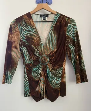 90s Y2K US 6 3/4 Sleeve Top Brown Blue Leopard Animal Ruch Twist Party Rave thumbnail 1