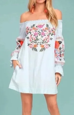We The Free Free People Women's Light Blue Fleur Du Jour Embroidered Mini Dress Size M‎ thumbnail 1
