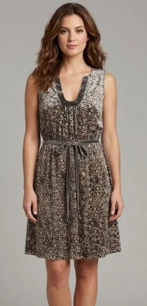 Beth Bowley 100% Silk Dress Geometric Lace Print Velvet Trim Belted Womens Size thumbnail 1