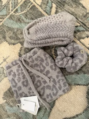 Barefoot Dreams Cozychic Leopard Print Scrunchie & Sock Set * Warm Gray NWT thumbnail 1