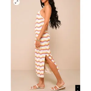 Lulus Natural Bliss NWT Ivory Striped Crochet Lace Up Halter Midi Dress Medium thumbnail 3