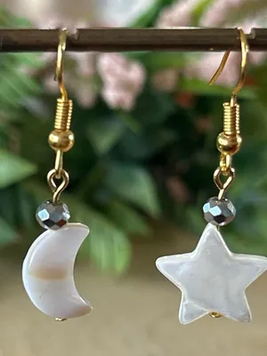 Handmade Gold Hook Moon & Star Shell Drop Earrings - White thumbnail 1
